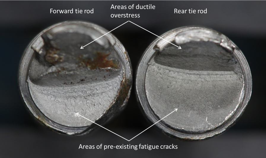 Figure 27: Fuselage lateral tie rod fracture surfaces showing the left side thread ends